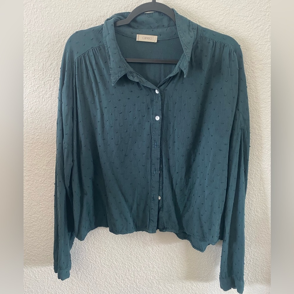 Forest Green Clip Dot Pattern Button Down Longsleeve Shirt Top Blouse - Picture 5 of 7